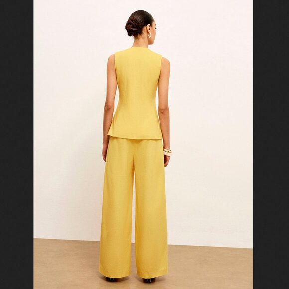 Commense Small Yellow Linen Blend Mid Waist Wide Leg Pants Minimalist - Picture 3 of 3